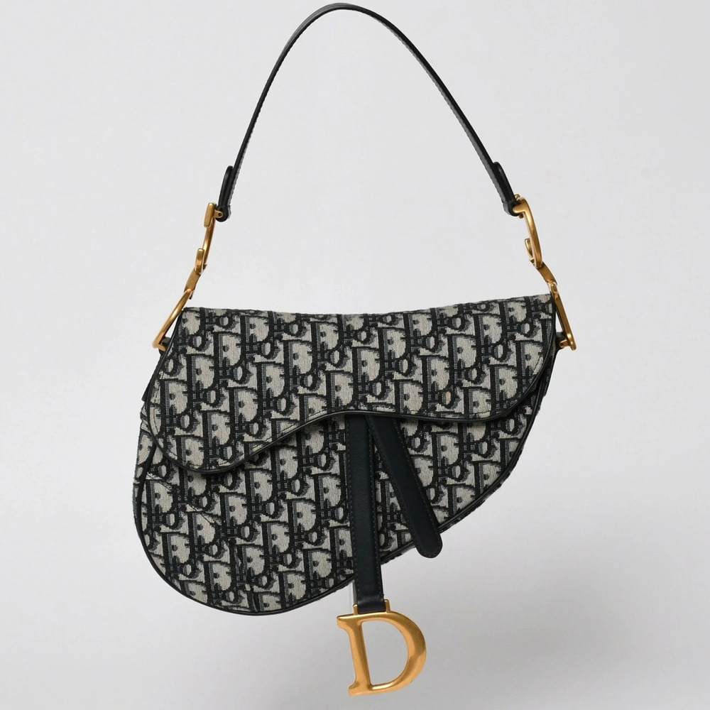 Christian Dior Saddle Bag Hobo Shoulder Bag Oblique Canvas Leather Navy Blue